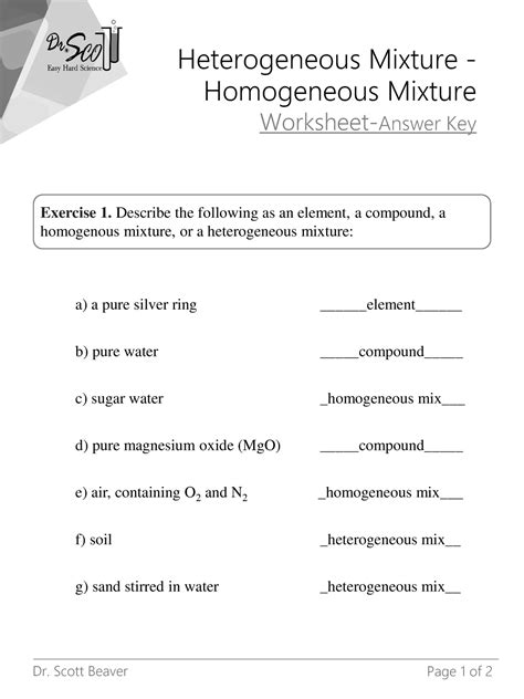 element compound homogeneous mixture heterogeneous mixture worksheet
